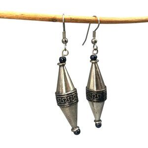 Vintage Indian Silver Etruscan Style Earrings with Bicone Dangle and Hematite